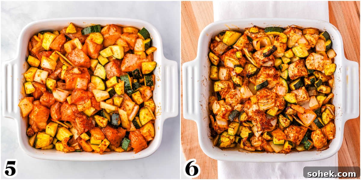 A picture collage of the chicken and zucchini mixture in the casserole dish before and after cooking it.