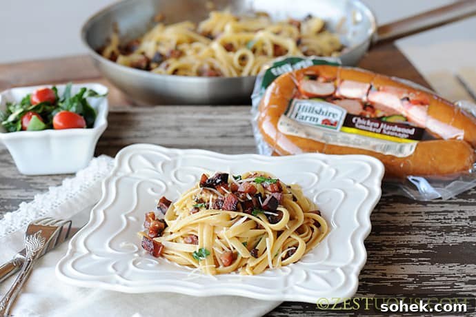 Smoked Sausage Lardon Fettuccine Alfredo from Zestuous