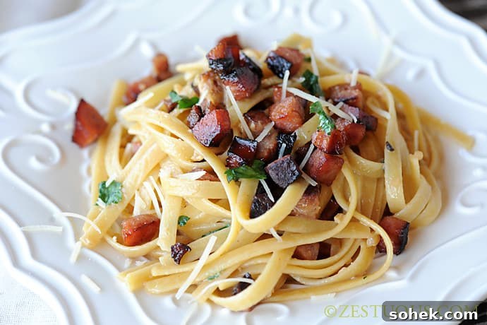 Smoked Sausage Lardon Fettuccine Alfredo from Zestuous