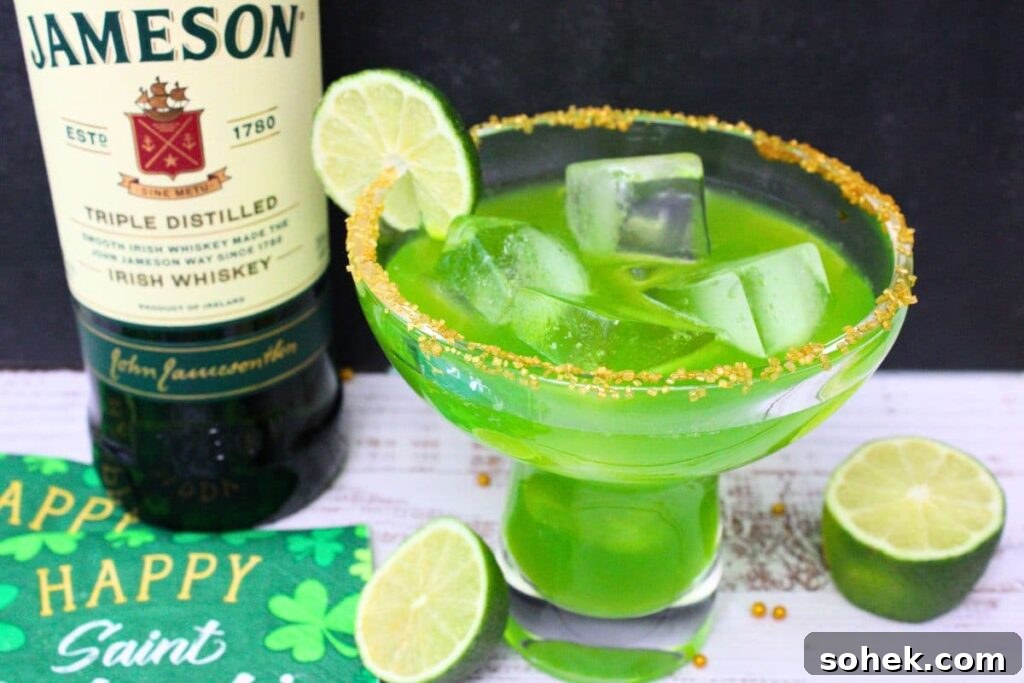 irish shamrock margarita next to jameson whiskey bottle
