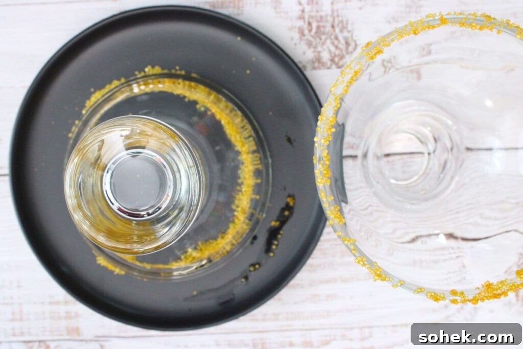 rim your glass with gold sugar crystals