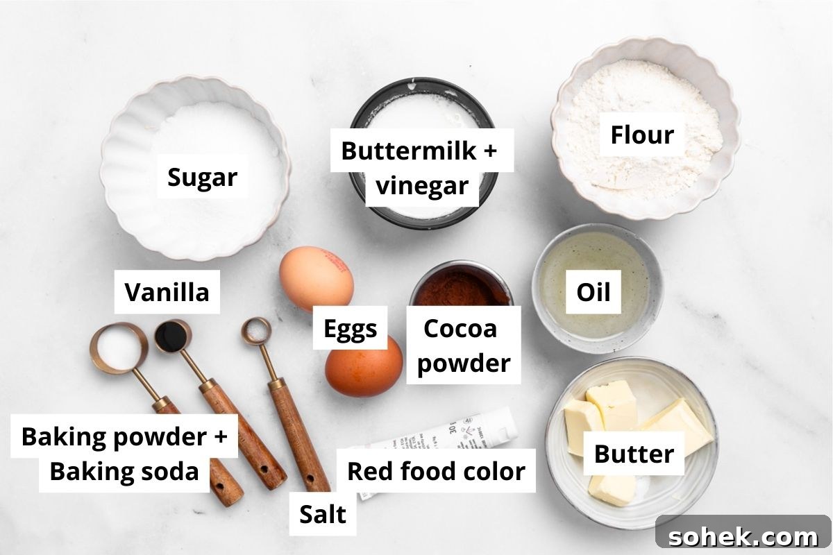 red velvet cupcake ingredients in bowls