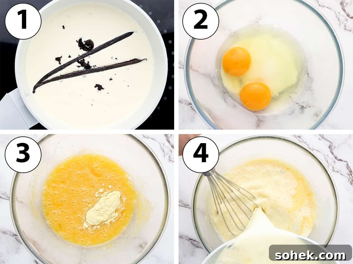 Process shot collage showing heating cream with vanilla, whisking eggs and cornstarch, and combining mixtures.