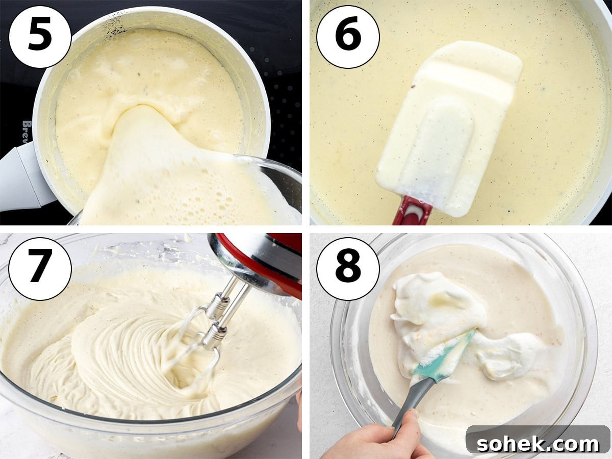 Process: cooking custard on the stove, whipping cream and folding it into custard.