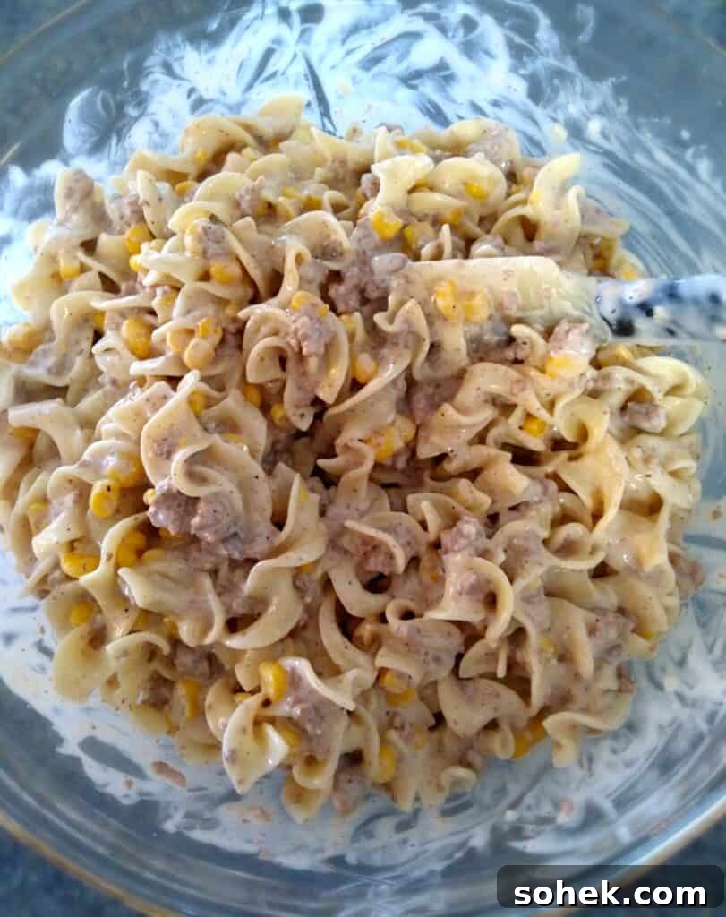 a bowl full of Amish ground beef and noodle casserole.
