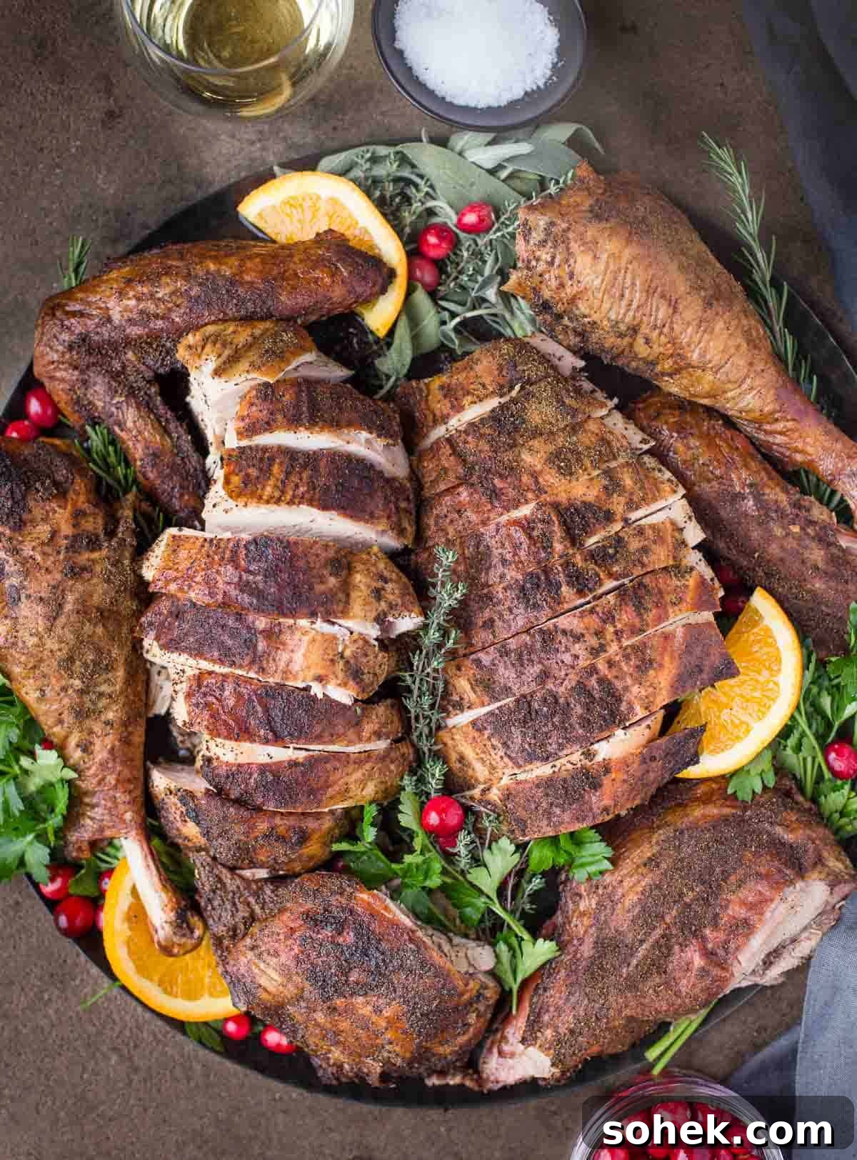 A pellet grilled smoked turkey, sliced up on a serving platter