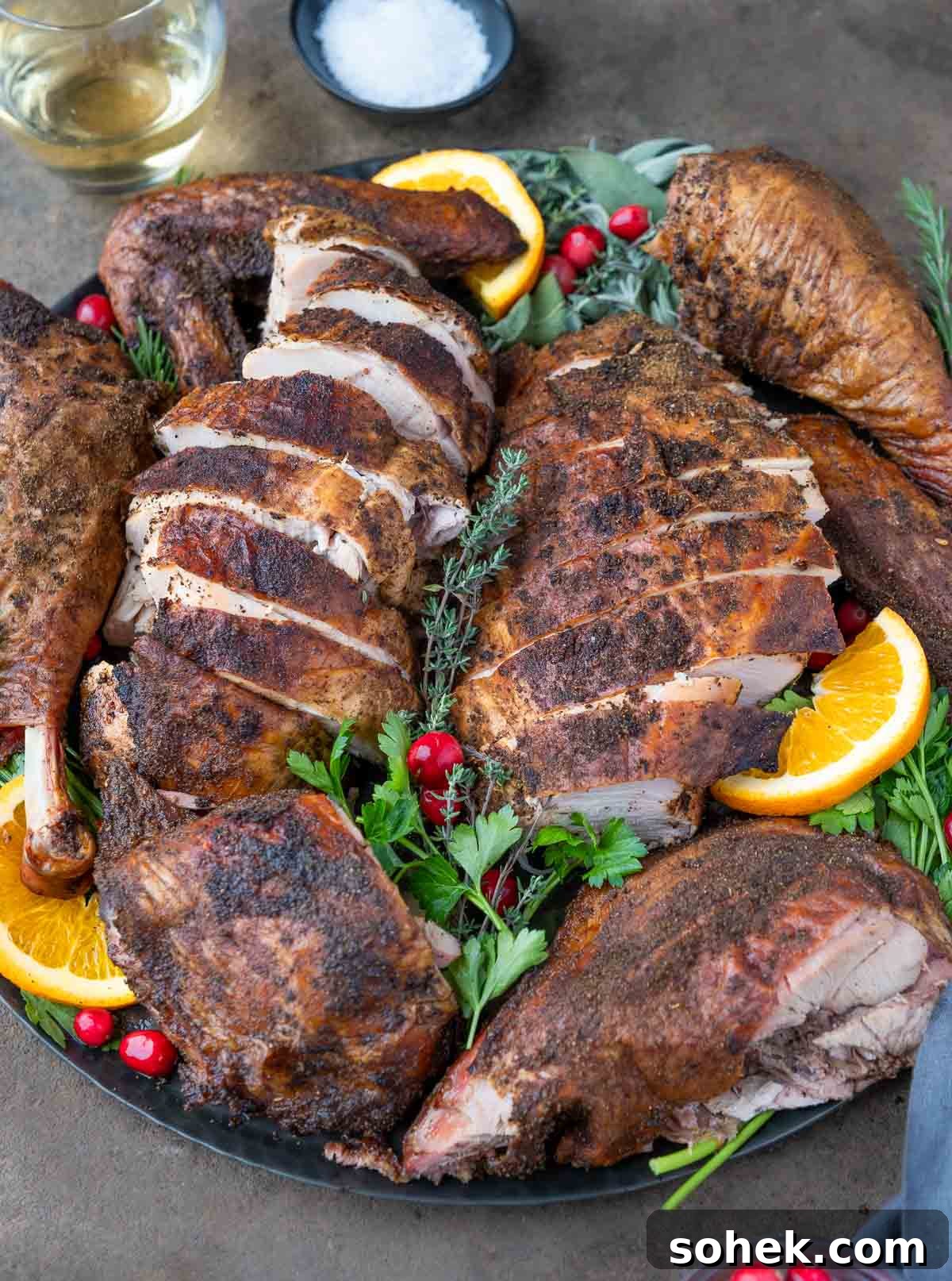 A Pellet Grilled Smoked Spatchcocked turkey carved and presented on a serving platter
