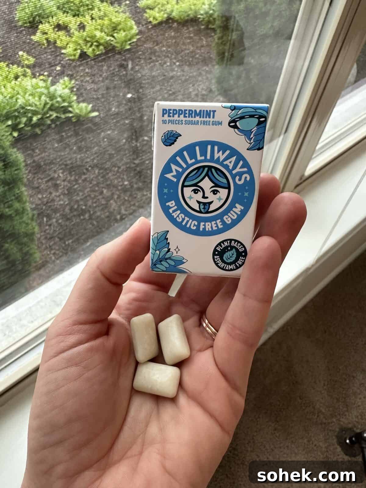 A person holding a box of plastic-free gum from Milliways.