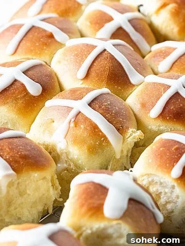 Tight cluster of hot cross buns. Close up image.