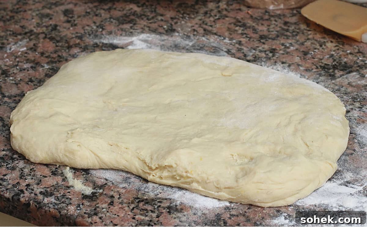 Rectangle of dough on brownish marble countertop