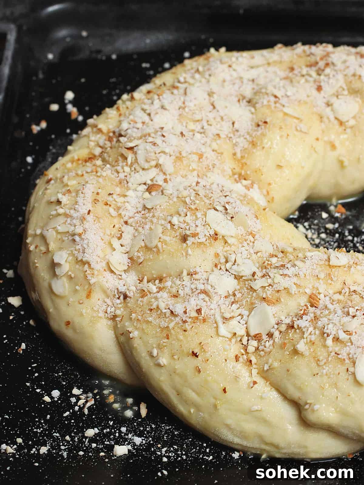 Half view of unbaked braided bread with chopped almond topping on a black sheet.