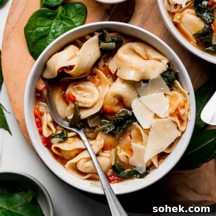 Tortellini and spinach in tomato broth.