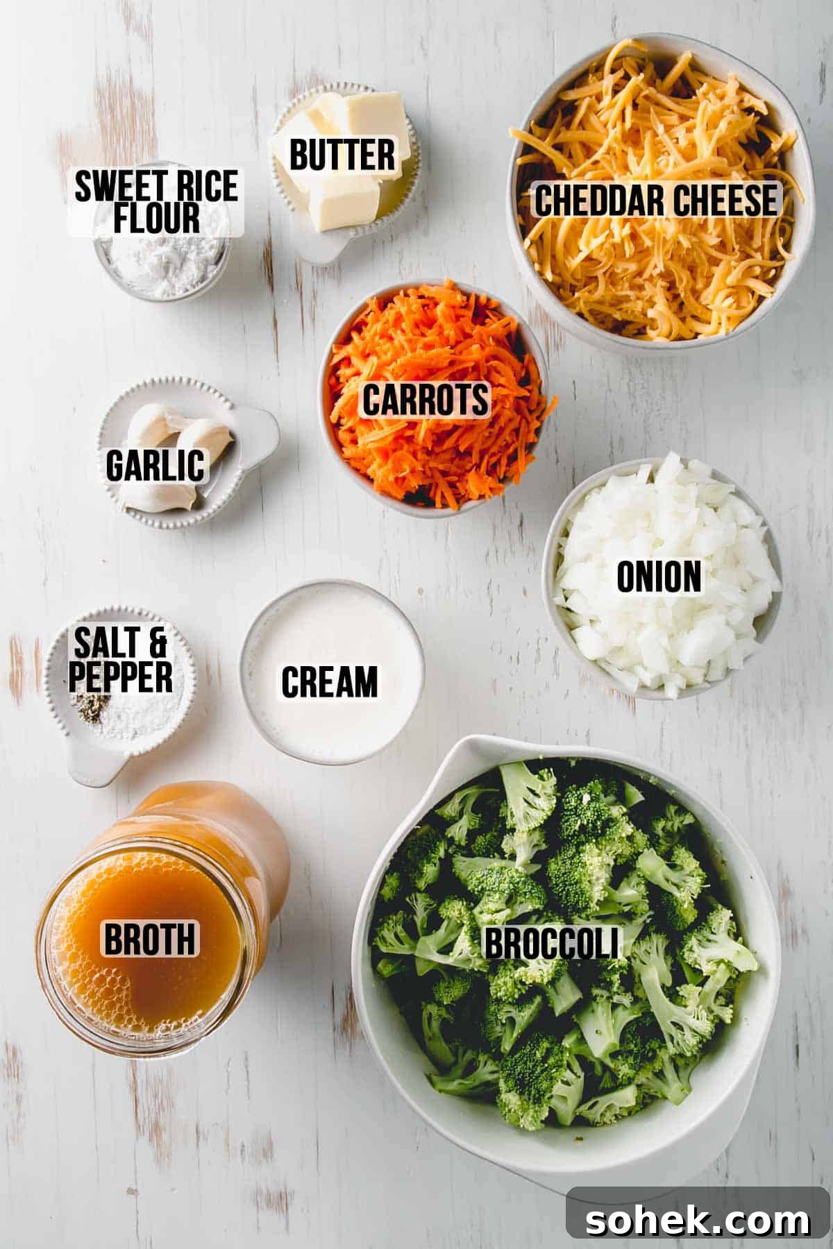 Ingredients for gluten-free broccoli cheddar soup measured out in bowls.