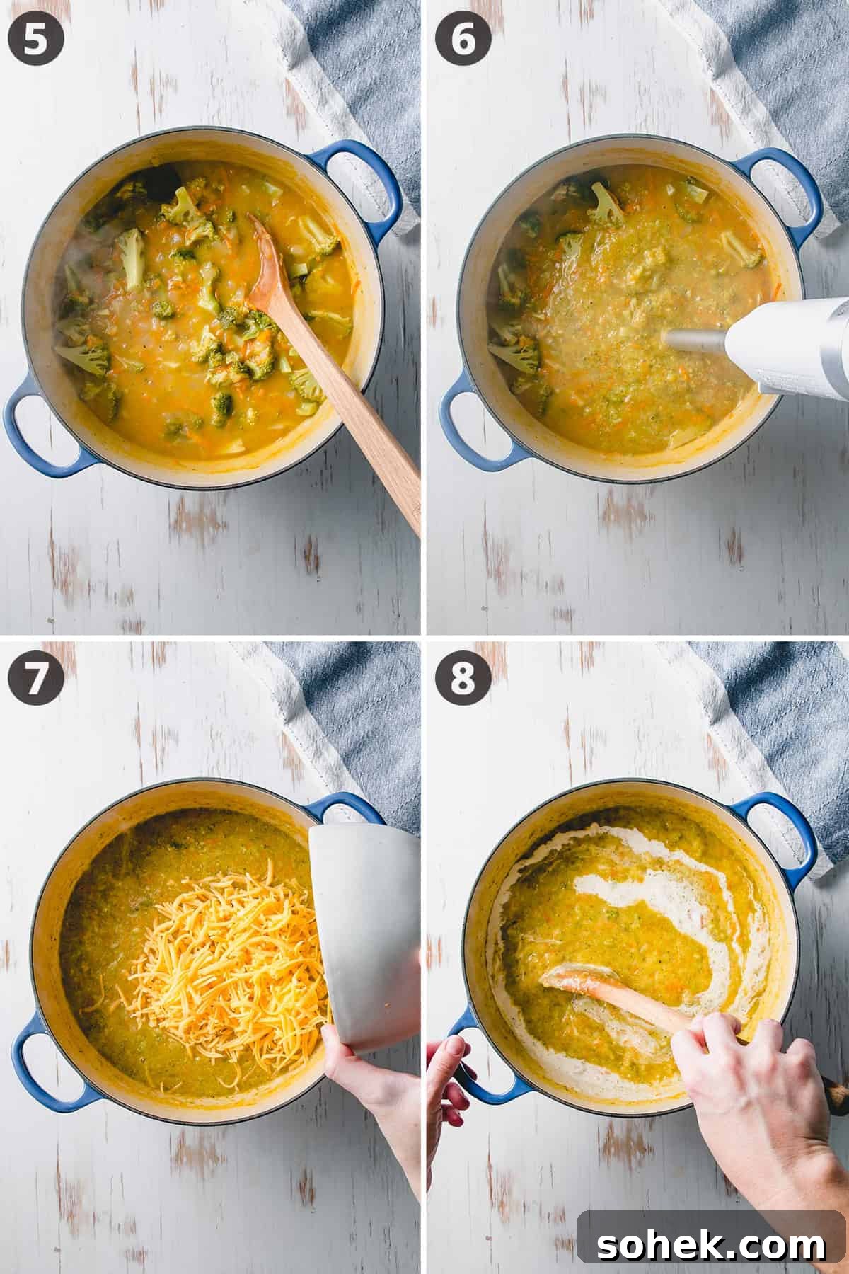 The soup is cooked, stick blender breaking up large chunks of broccoli, adding in shredded cheese, stirring in the cream.