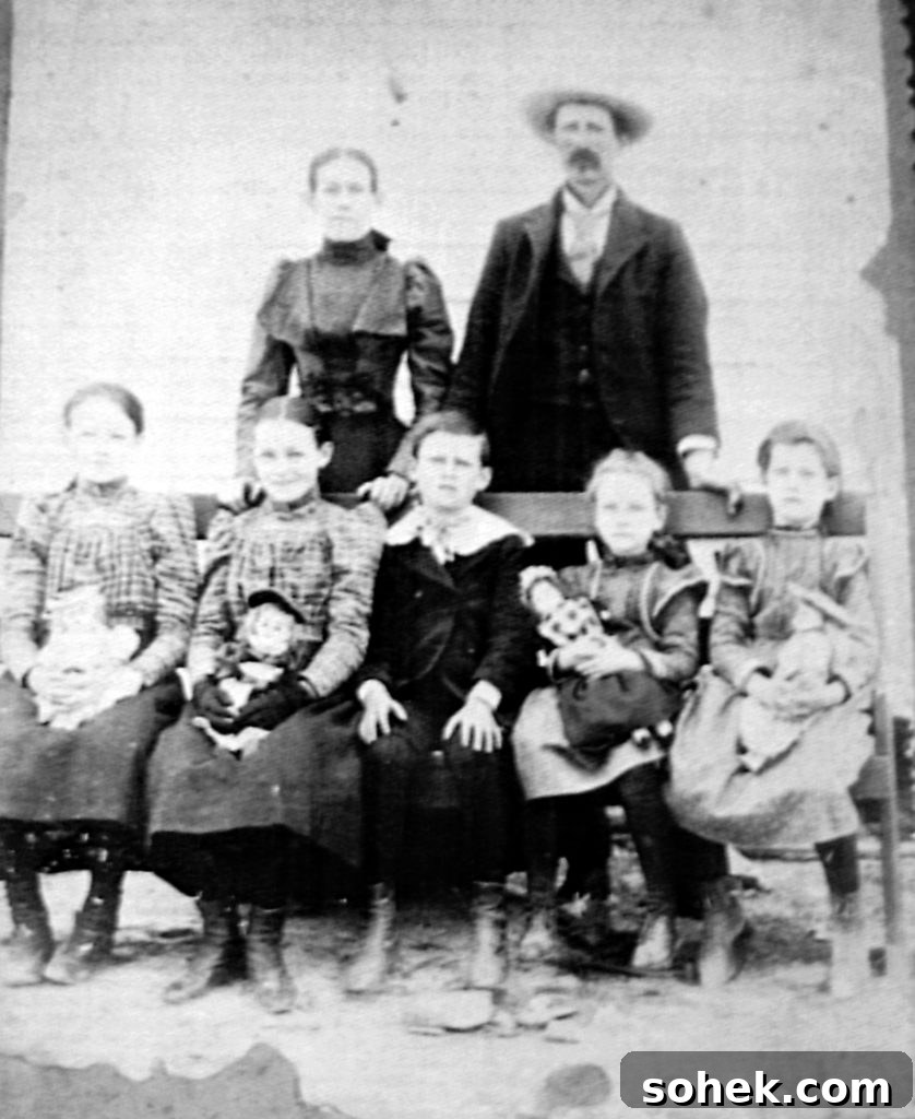1890's black and white photo of Haley family with parents standing in back and 5 children sitting. William Haley changed his name.