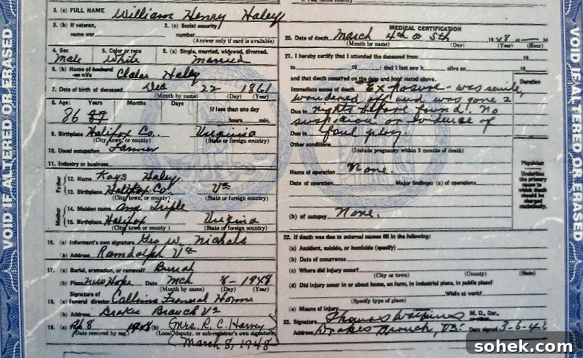 Death certificate for William H. Haley 1948