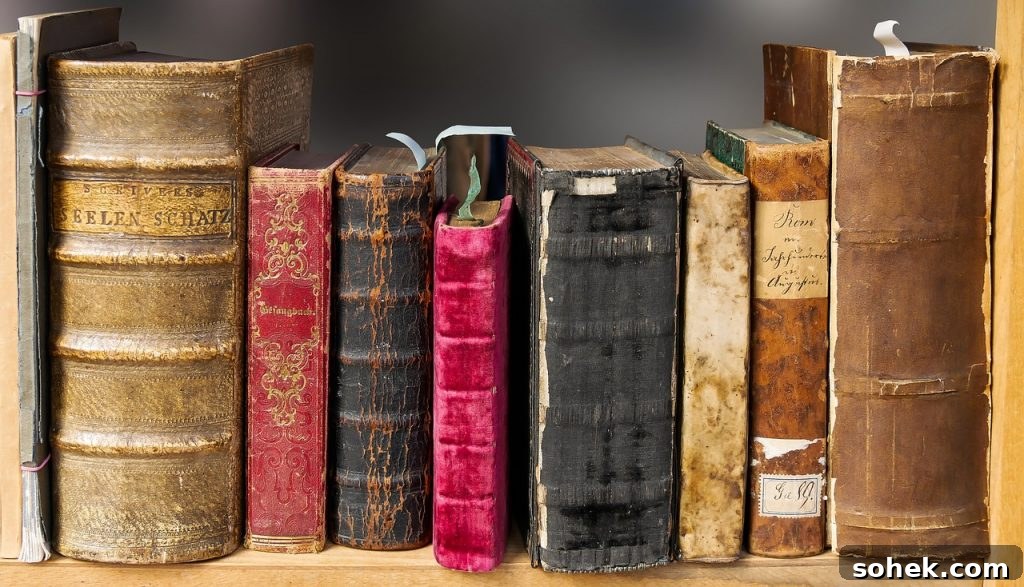 old books on a shelf. Most books brown with 2 red books and 2 black books