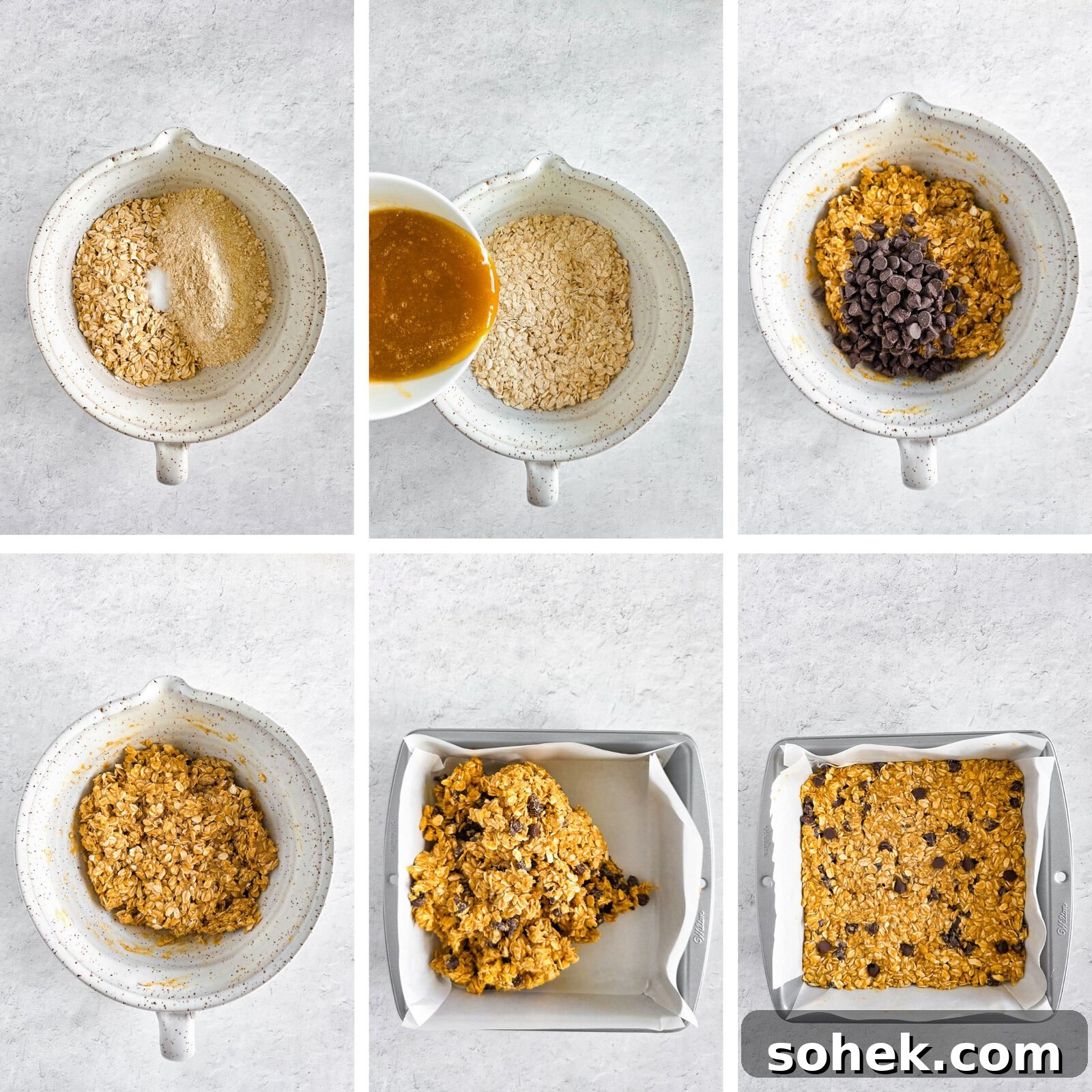 Chewy Einkorn Granola Bars preparation process in six steps.
