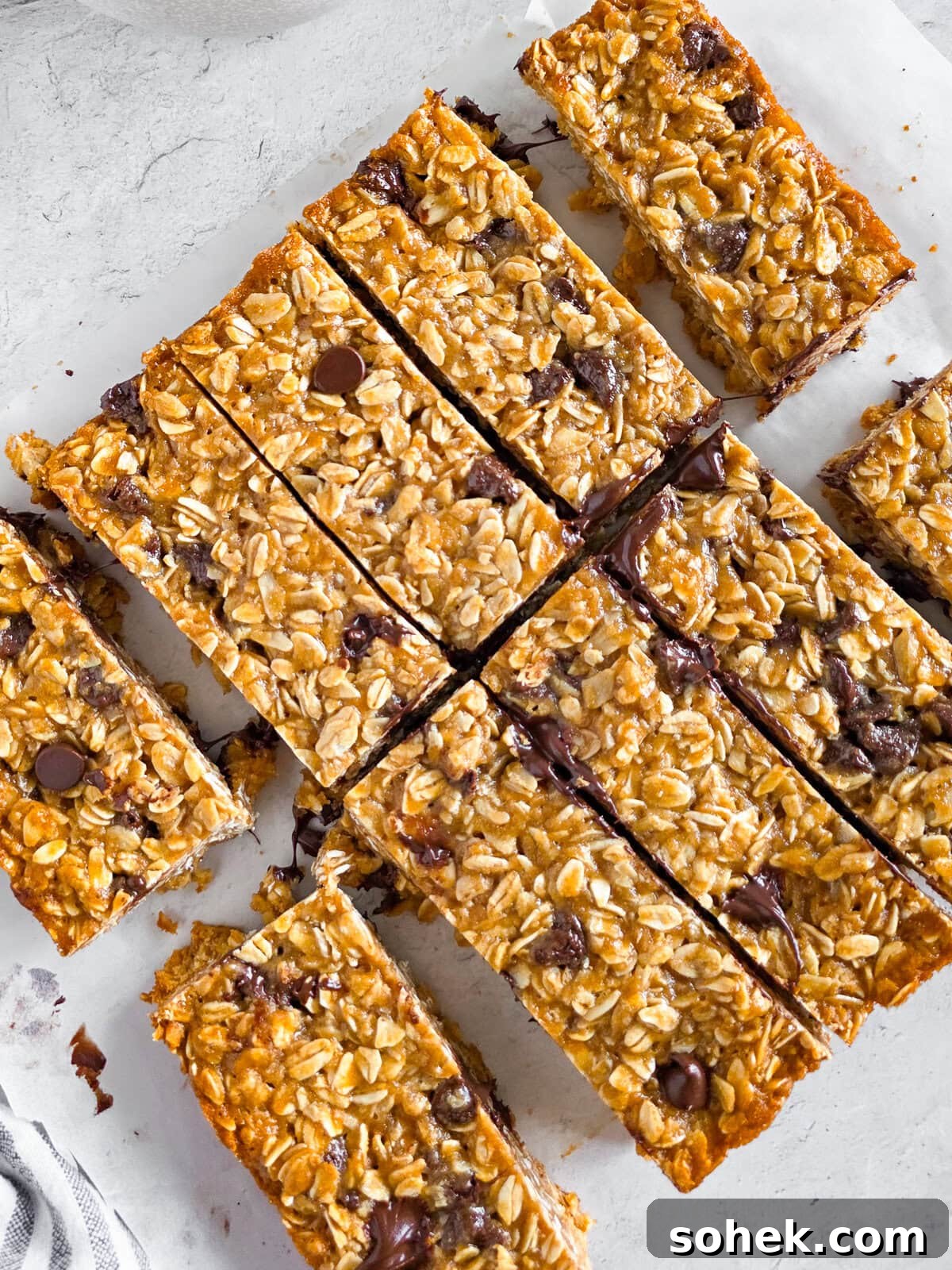 Chewy Einkorn Granola Bars, crispy and golden with chocolate chips and oats.